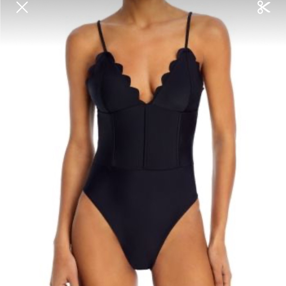Elegant Black Scalloped One-Piece Swimsuit with Open Scoop Back. Size 6